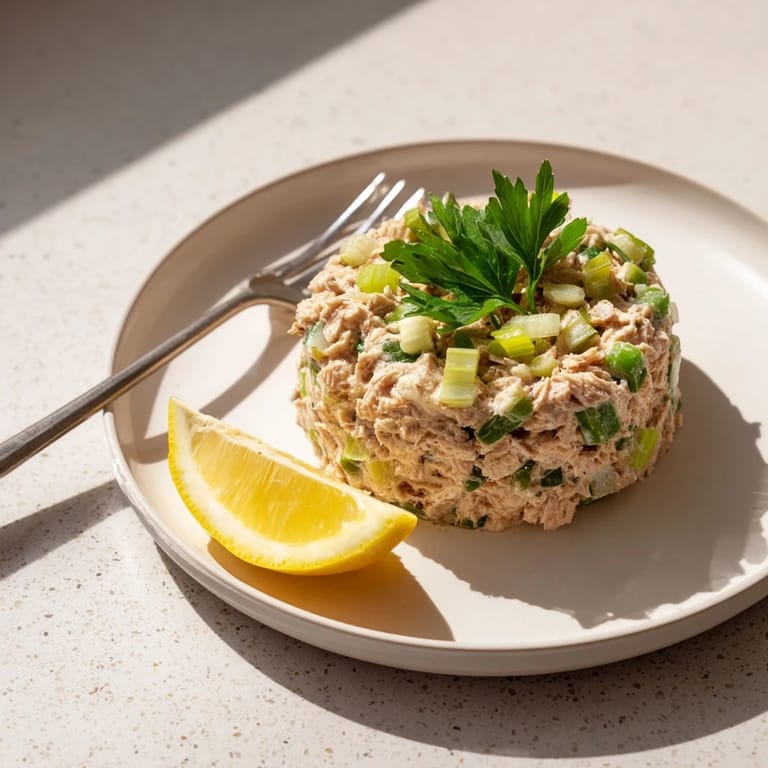 Close-up texture shot of Spicy Zesty Tuna Salad, showing diced celery and herbs folded into the protein-packed, zesty mixture.