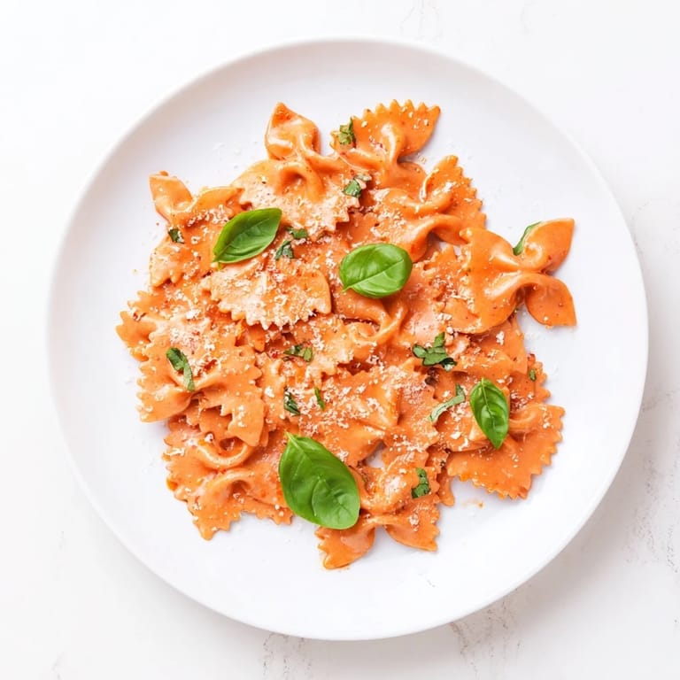 Steaming Tomato Basil Bowtie Pasta served in a rustic bowl, showcasing the velvety sauce clinging to each farfalle and a sprinkle of Parmesan.  