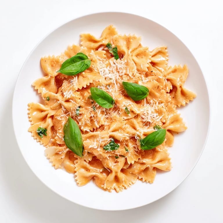 Garlicky Tomato Basil Bowtie Pasta in a skillet, garnished with fresh basil and ready to serve as an easy weeknight vegetarian main.