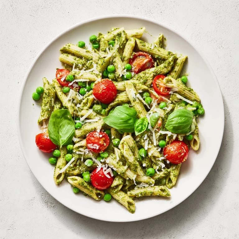 Overhead shot of Green Pesto Pasta Salad tossed with peas, tomatoes, and optional grated Parmesan, ideal for a light vegetarian lunch.