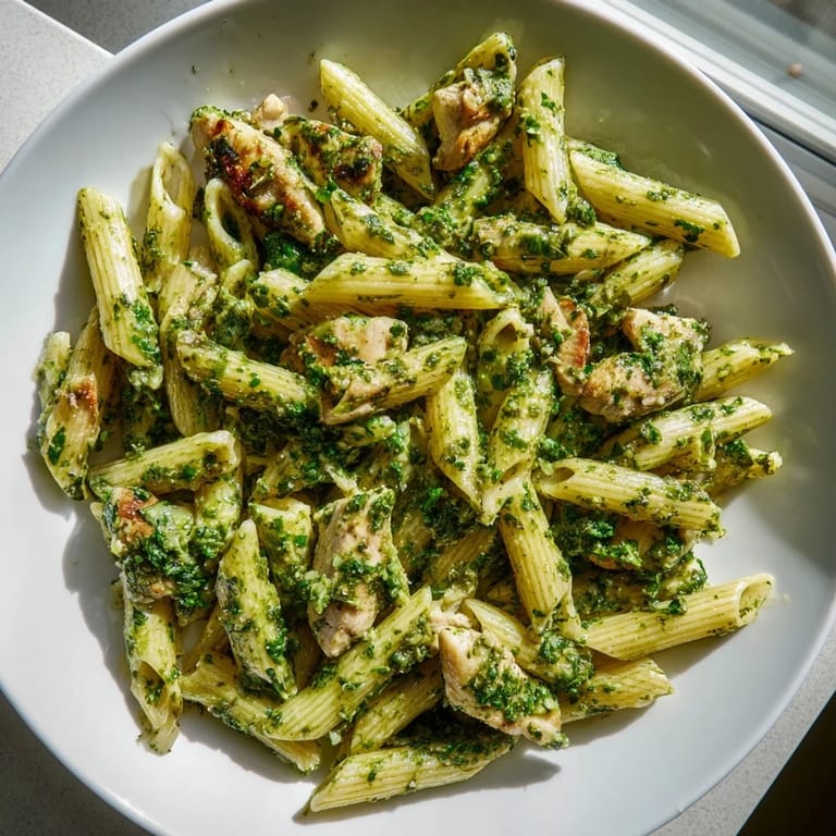 Serve this Chimichurri Chicken Pasta with lemon wedges and extra parsley for a bright, dairy-free fusion meal.