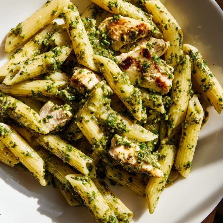 A close-up of Chimichurri Chicken Pasta shows juicy chicken, al dente noodles, and a glossy, green herby sauce drizzle.  