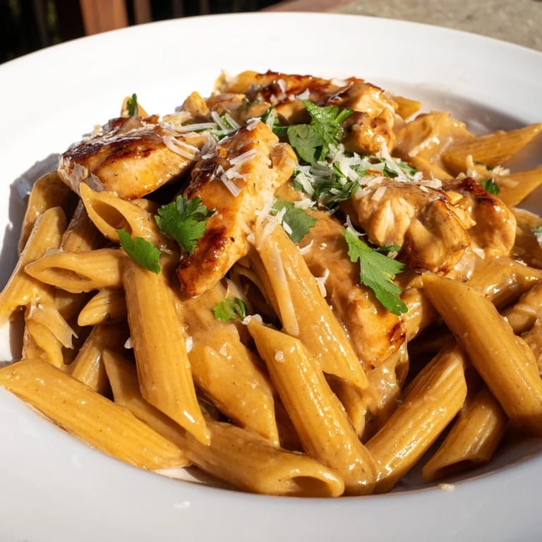 Fork twirling pasta with tender slices of seared chicken bathed in sweet and smoky honey chipotle sauce, garnished with cilantro.