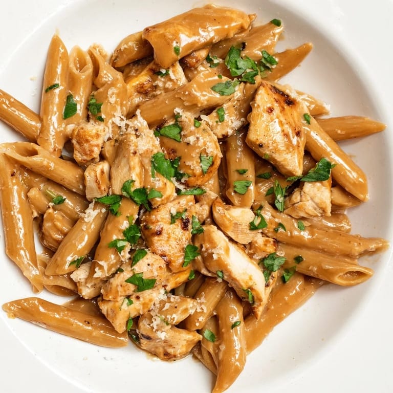 Savory Honey Chipotle Chicken Pasta served in a shallow bowl, drizzled with creamy sauce and finished with a sprinkle of Parmesan.