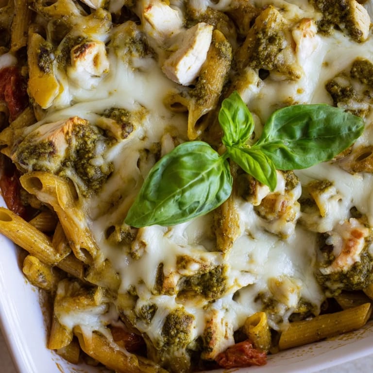 A close-up of Pesto Chicken Pasta Bake featuring gooey cheese, penne pasta, and fresh basil garnish on a rustic table.