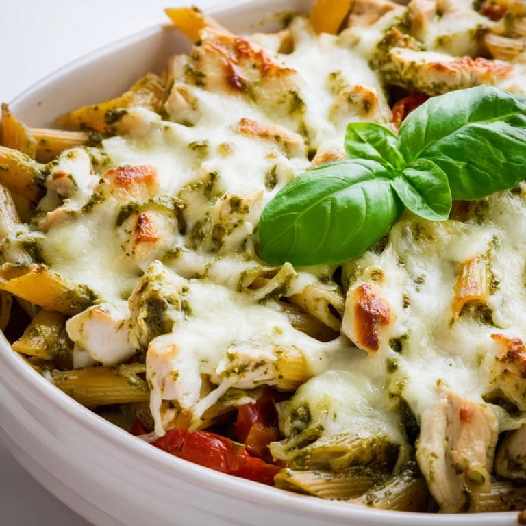 Serving suggestion for Pesto Chicken Pasta Bake, a bubbly, golden casserole with chicken and pesto ready to be scooped.