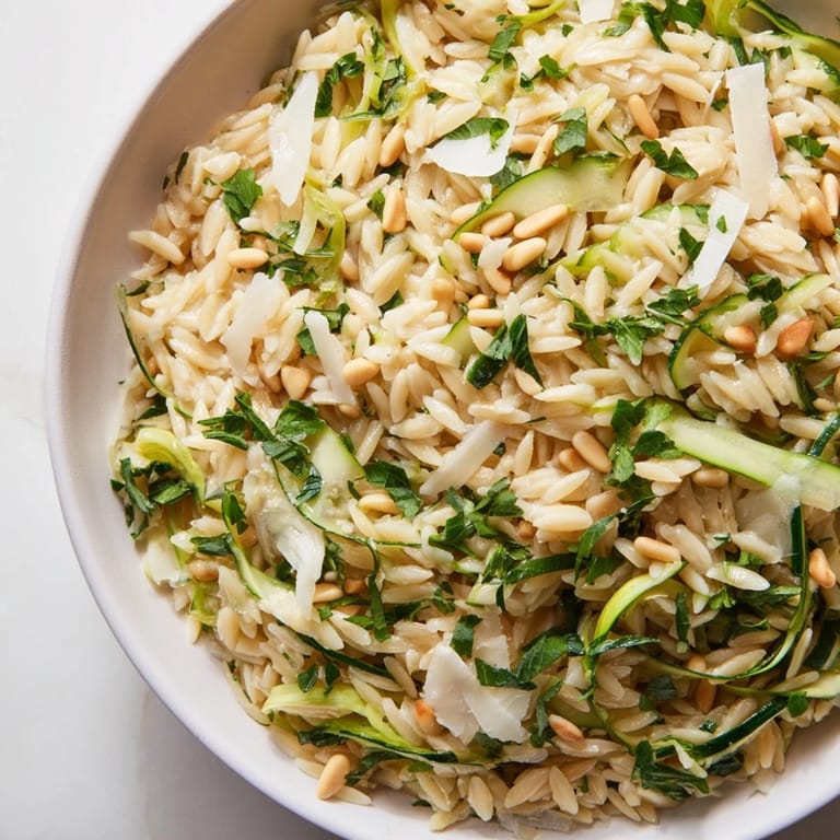 A close-up of Asparagus Lemon Orzo Salad showing chopped parsley and arugula mixed into the orzo, ready to serve as a light vegetarian side.