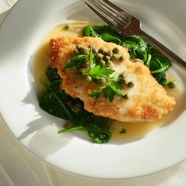 Close-up of juicy Spinach Lemon Butter Chicken cutlets coated in a glossy garlic-lemon butter sauce, served over steaming wilted spinach.
