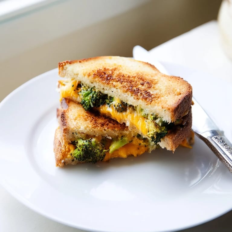 A comforting Roasted Broccoli & Cheddar Grilled Cheese served warm, perfect for pairing with a creamy bowl of tomato soup.