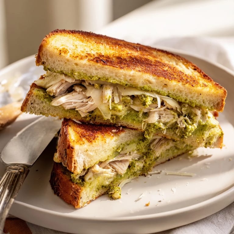 Sliced Mozzarella Pesto Chicken Grilled Cheese served on a wooden board, ready to eat.