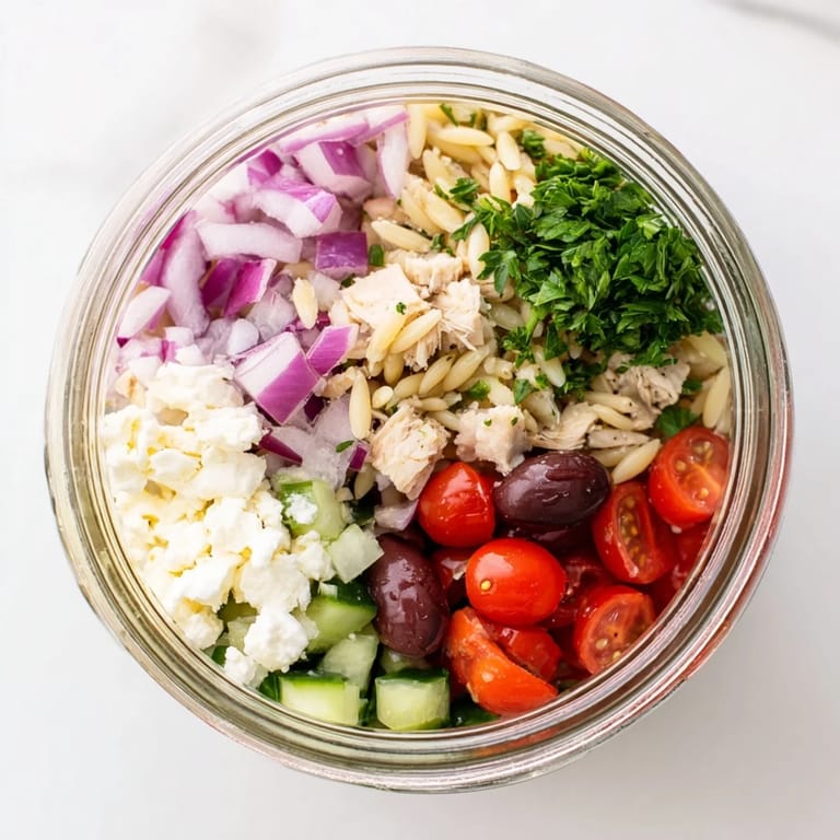 Vibrant Greek salad jars featuring orzo pasta, juicy chicken, cucumbers, tomatoes, olives, and feta, drizzled with oregano dressing.