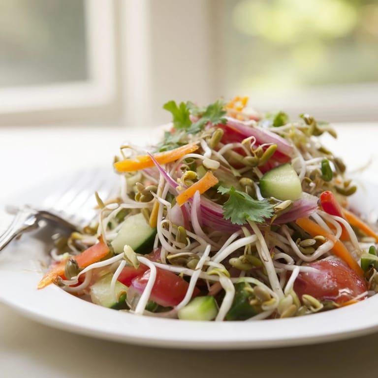 Vibrant bowl of Sprouted Seed Salad featuring fresh sprouts, cucumber, tomato, and bell pepper, tossed in a zesty dressing and topped with cilantro.