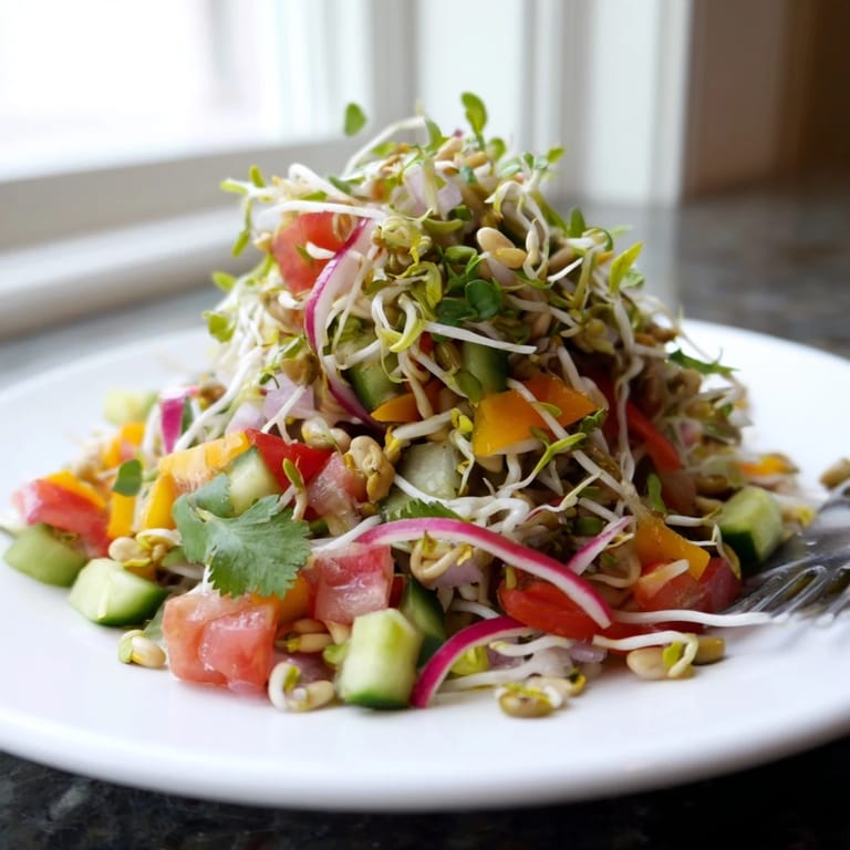 Healthy, vegan Sprouted Seed Salad piled high with crisp sprouts and grated carrot, a refreshing side perfect for a light lunch or summer gathering.