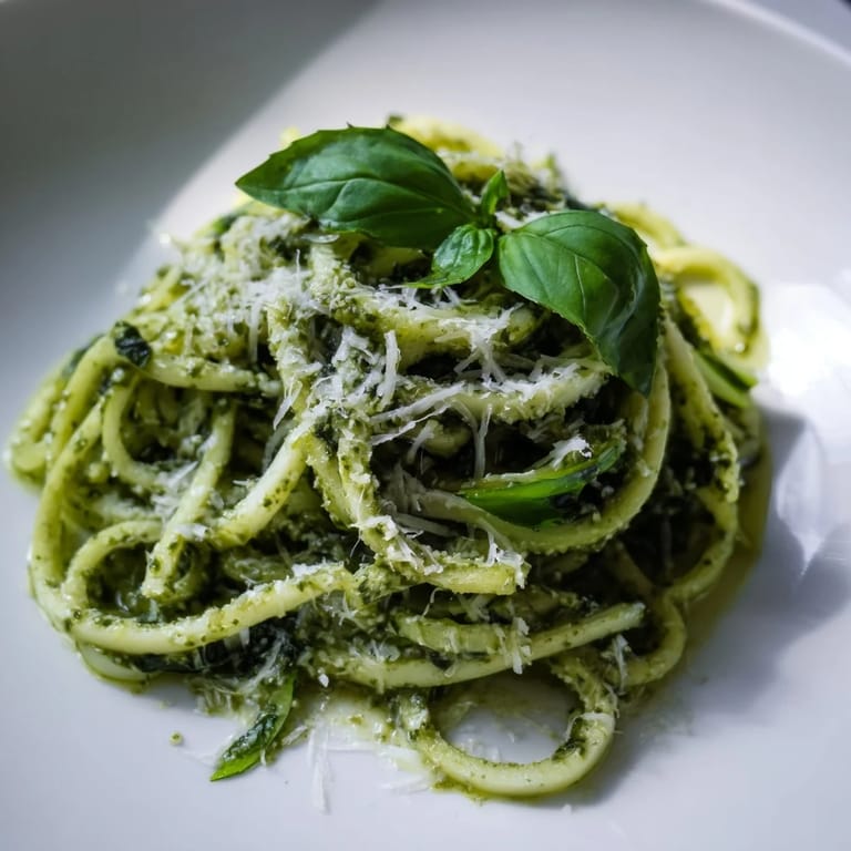 Vibrant green zucchini noodles tossed in homemade basil pesto, topped with crushed red pepper and extra Parmesan, served on a white plate.