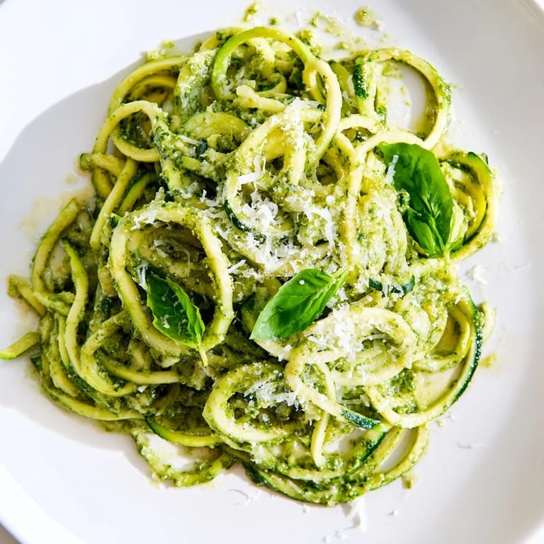 Freshly spiralized zucchini noodles mixed with fragrant pesto, garnished with pine nuts and basil, ideal for a quick, low-carb vegetarian dinner.