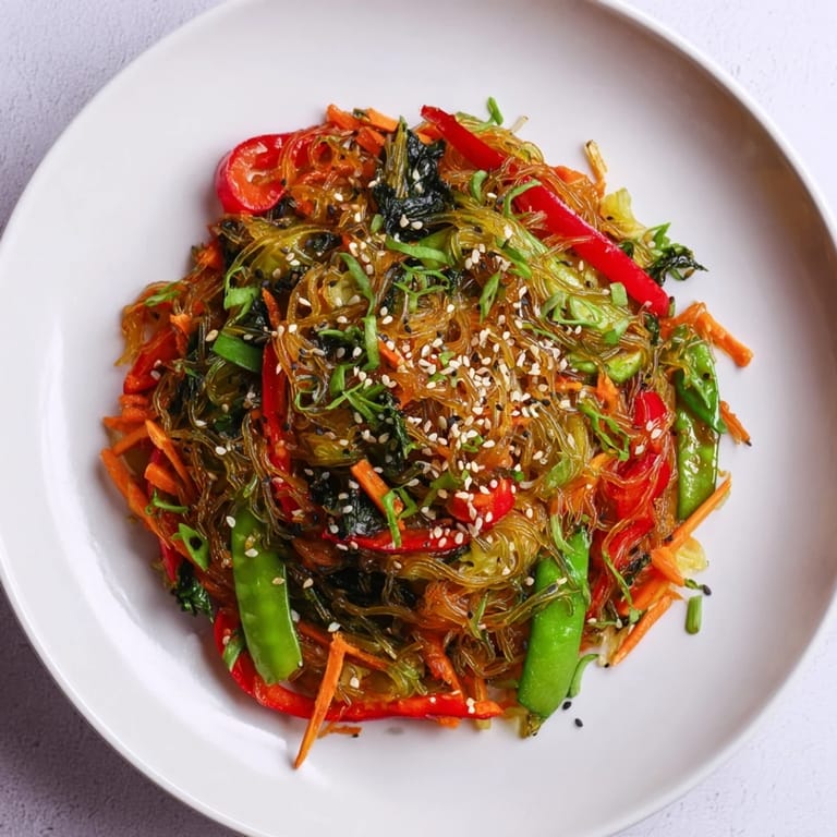 Healthy vegan Kelp Noodle Stir-Fry with crunchy vegetables and zesty sauce, ready to eat as a light gluten-free main dish.