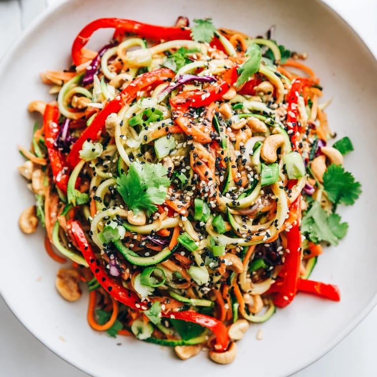 A refreshing vegan, gluten-free raw vegetable noodle salad featuring spiralized veggies and a tangy Asian-inspired sesame-ginger dressing.