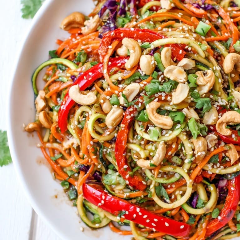 Vibrant raw vegetable noodle salad with red cabbage, cucumber, and bell pepper, topped with toasted sesame seeds for extra crunch.  