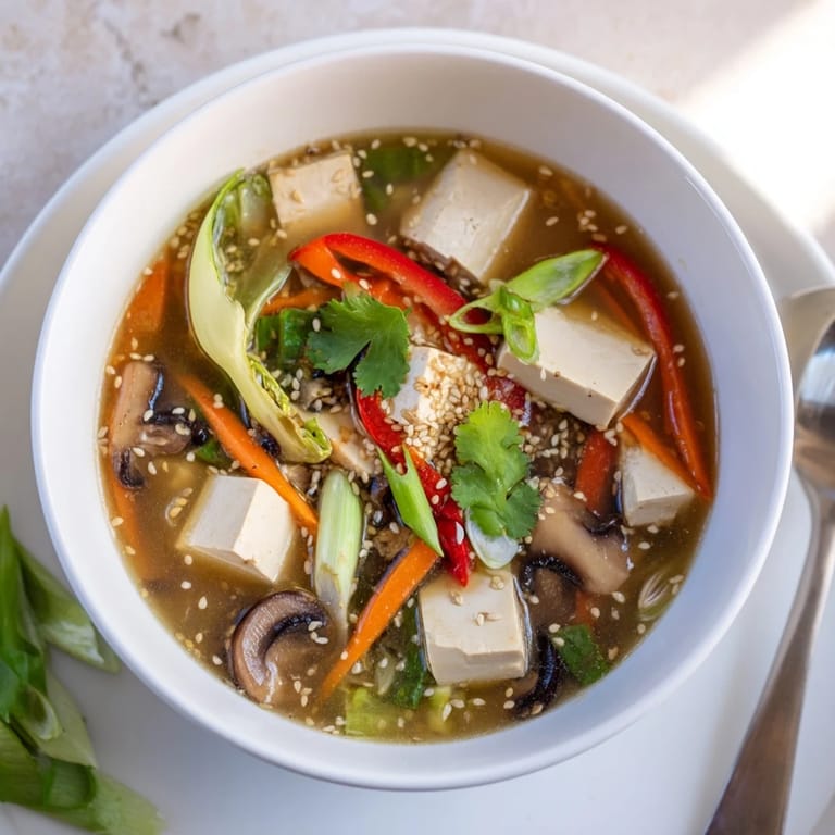 A close-up of the Tofu and Vegetable Soup showcases colorful carrots, bok choy, and shiitake mushrooms.