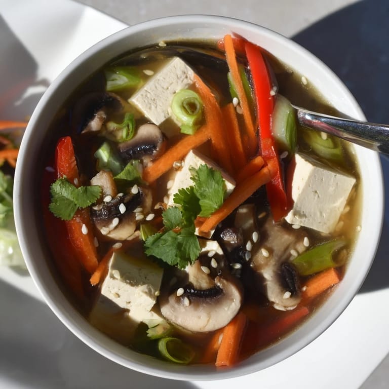 Serve this vibrant Tofu and Vegetable Soup hot, garnished with cilantro and sesame seeds.