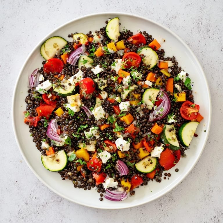 Black Lentil Salad plated with roasted veggies, cherry tomatoes, and crumbled feta on a rustic board.  