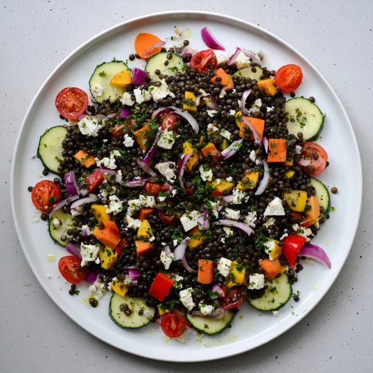Black Lentil Salad with roasted vegetables, served warm with a zesty lemon dressing and fresh herbs.
