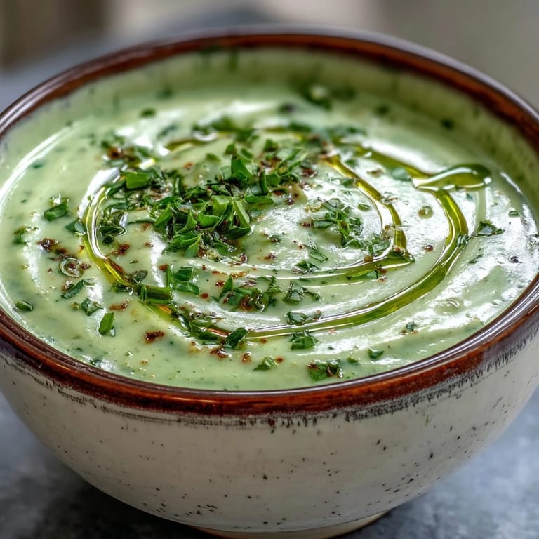 Silky smooth Zucchini Soup with bright green hues, served as a refreshing summer starter in a rustic bowl.
