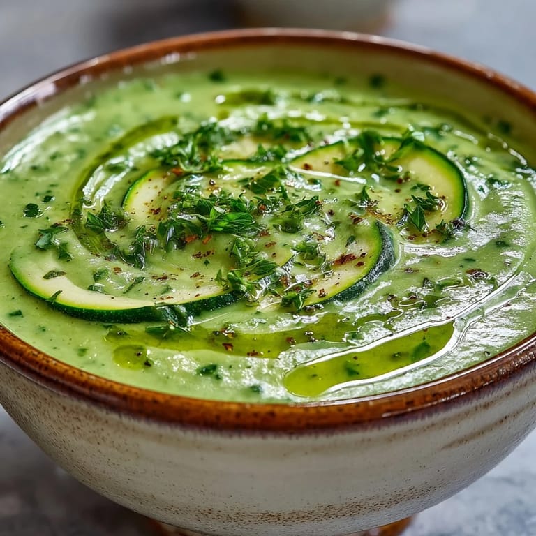 Steaming pot of freshly blended Zucchini Soup, featuring vibrant zucchini and potato with a drizzle of olive oil.