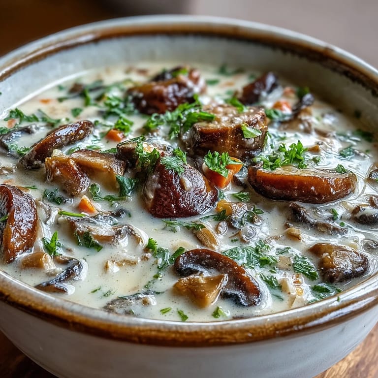 Cozy bowl of rich Mushroom Soup paired with crusty bread and a glass of wine on a wooden table.
