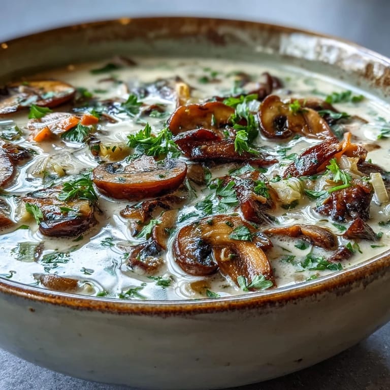 Sautéed cremini and shiitake mushrooms simmered in a creamy, herb-infused broth, served steaming hot for a comforting meal.