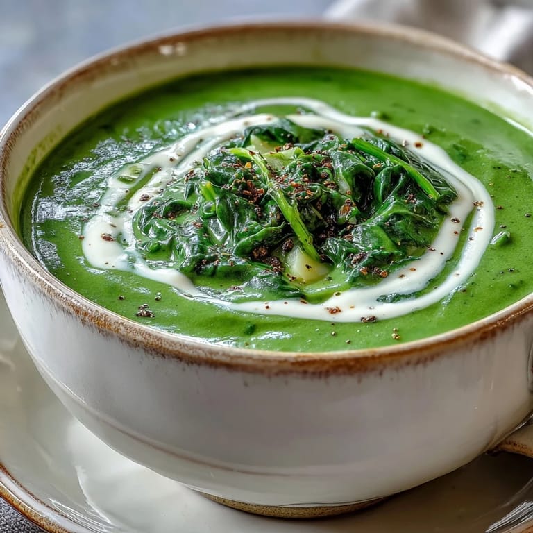 A top-down view of vibrant green Spinach Soup, blended smooth and poured into a cozy ceramic bowl.