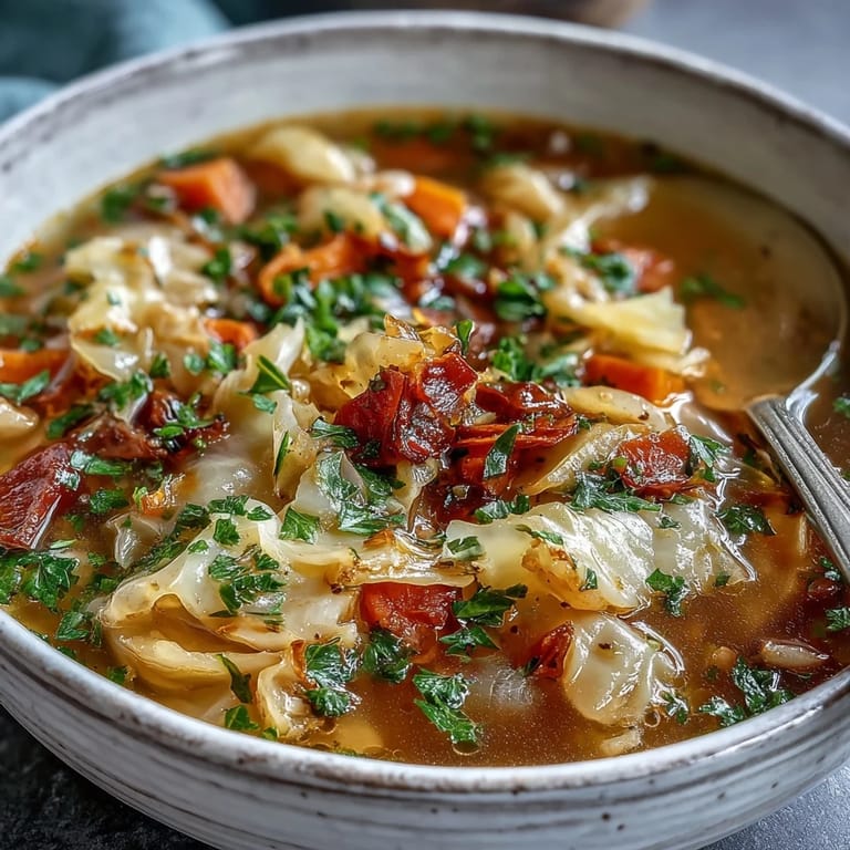 Healthy vegan Cabbage Soup with diced zucchini and red bell pepper, ladled into a rustic bowl for a cozy meal.