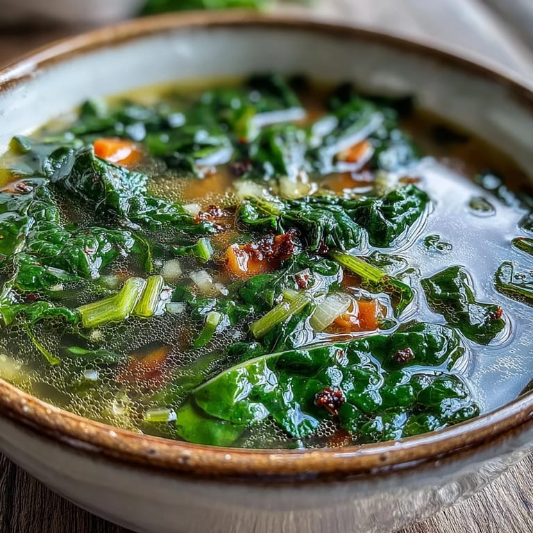 Freshly ladled Swiss Chard Soup served in a rustic bowl with lemon and parsley.