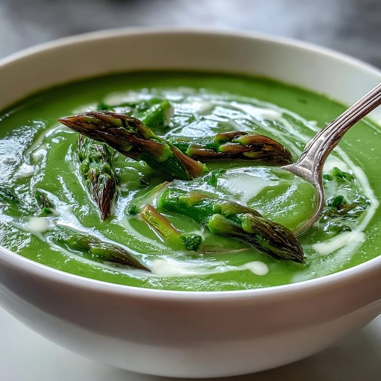 Spring Asparagus Soup with a silky texture, served alongside crusty artisan bread for dipping.
