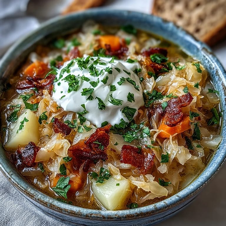 Savory Sauerkraut Soup simmering with smoked sausage, diced potatoes, and carrots in a rustic pot.