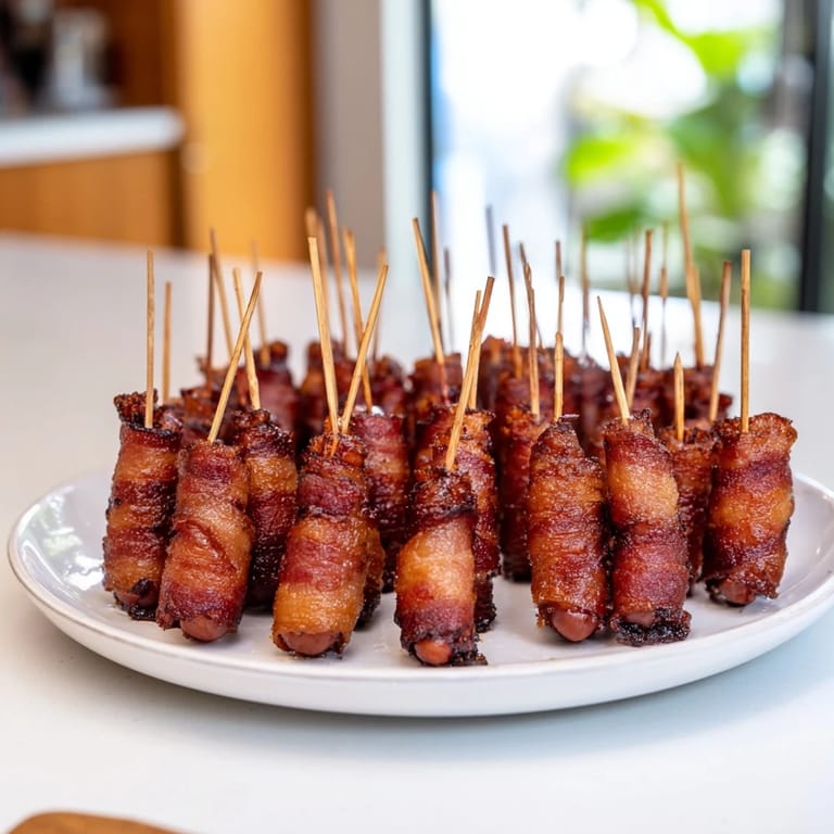Golden brown 3-Ingredient Bacon-Wrapped Smokies, a party appetizer with perfectly cooked bacon and sweet glaze.