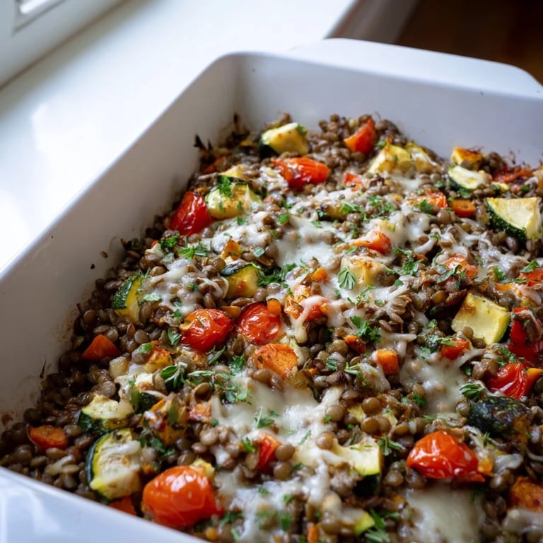 Served from a white dish, this wholesome Green Lentil and Vegetable Casserole offers a medley of colorful vegetables and lentils, perfect for a comforting vegetarian dinner.