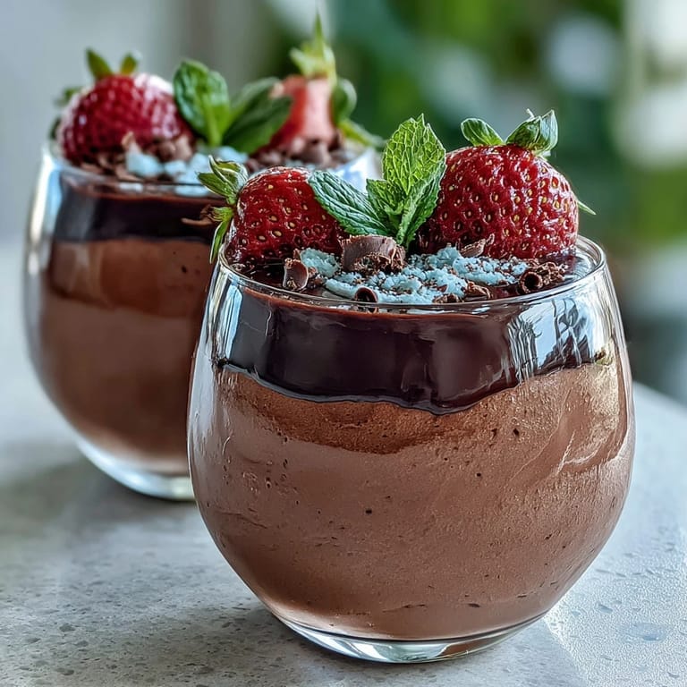 Chocolate-Covered Strawberry Mousse is served in a clear glass, garnished with shaved chocolate and a mint leaf on top.
