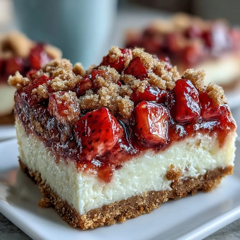 Sliced Strawberry Cheesecake Bars are served on plates, perfect for a sweet party dessert.