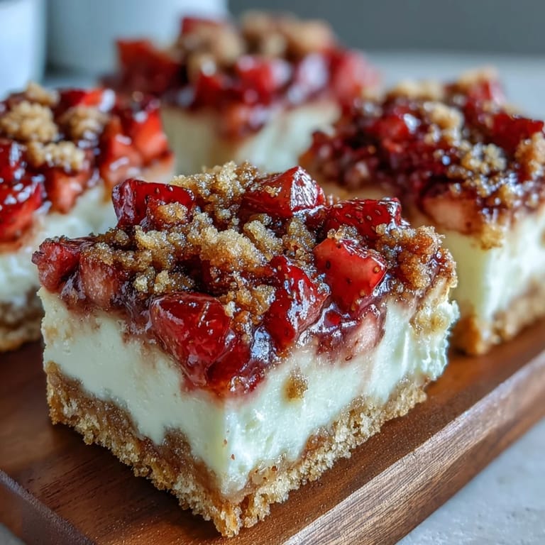 A close-up view shows Strawberry Cheesecake Bars layered with cream cheese and fresh berries.
