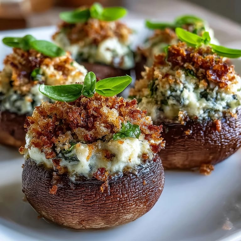 Freshly baked Stuffed Asiago-Basil Mushrooms, garnished with basil and served warm on a platter.