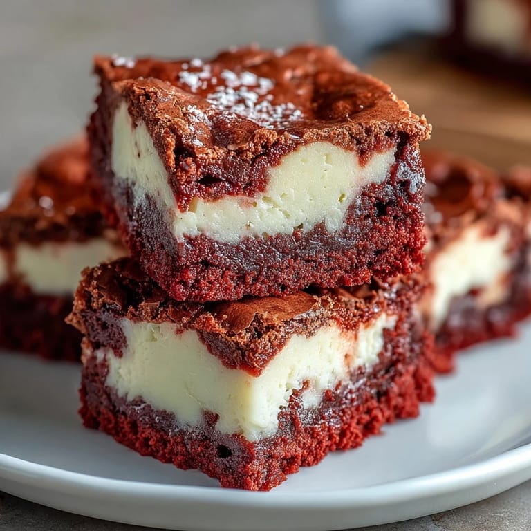 Freshly sliced Red Velvet Cheesecake Brownies served on a white plate, ready for an indulgent dessert treat.