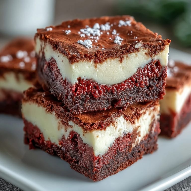A close-up of Red Velvet Cheesecake Brownies, revealing the deep red crumb and smooth cheesecake streaks.
