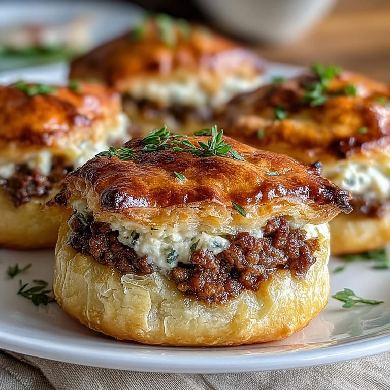 Close-up of Mini Beef Tourtières with a steam vent, revealing the tender beef and aromatic allspice filling.