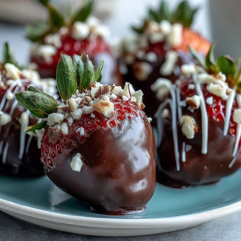 Hand-dipped chocolate-covered strawberries with a white chocolate drizzle and nutty toppings.