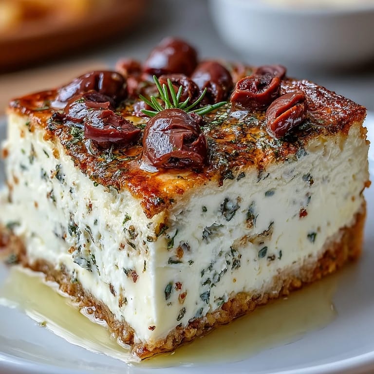 A creamy wedge of Kalamata cheesecake appetizer on a cracker, topped with extra olives for a savory party bite.