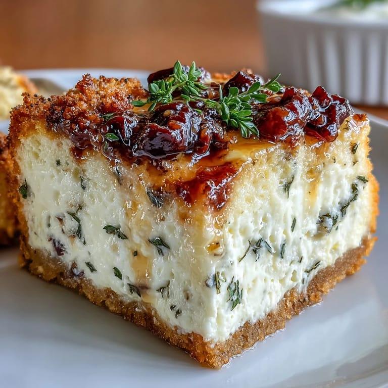 Close-up of a chilled Kalamata cheesecake appetizer, showing a smooth, herb-flecked filling and crispy olive topping.
