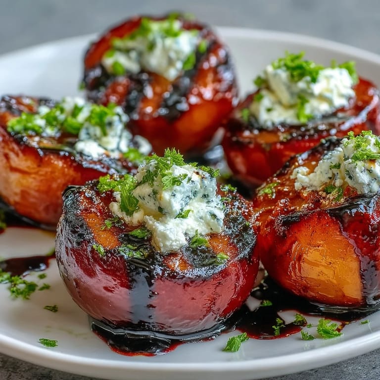 Balsamic-Goat Cheese Grilled Plums garnished with mint, perfect for an elegant appetizer or light vegetarian dessert on an outdoor table.