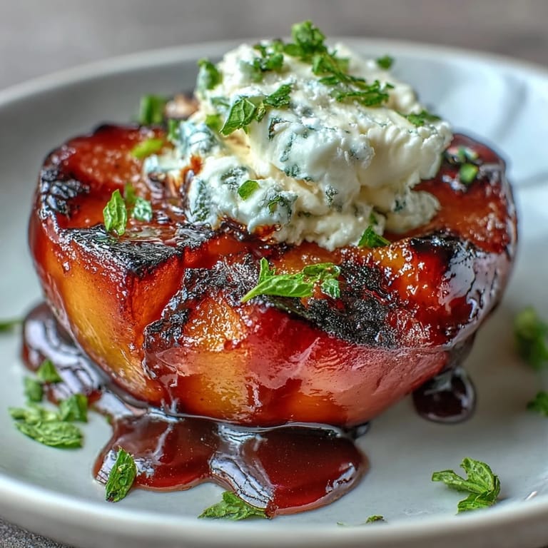 Freshly grilled plum halves topped with creamy goat cheese and drizzled with tangy balsamic glaze on a rustic wooden board.