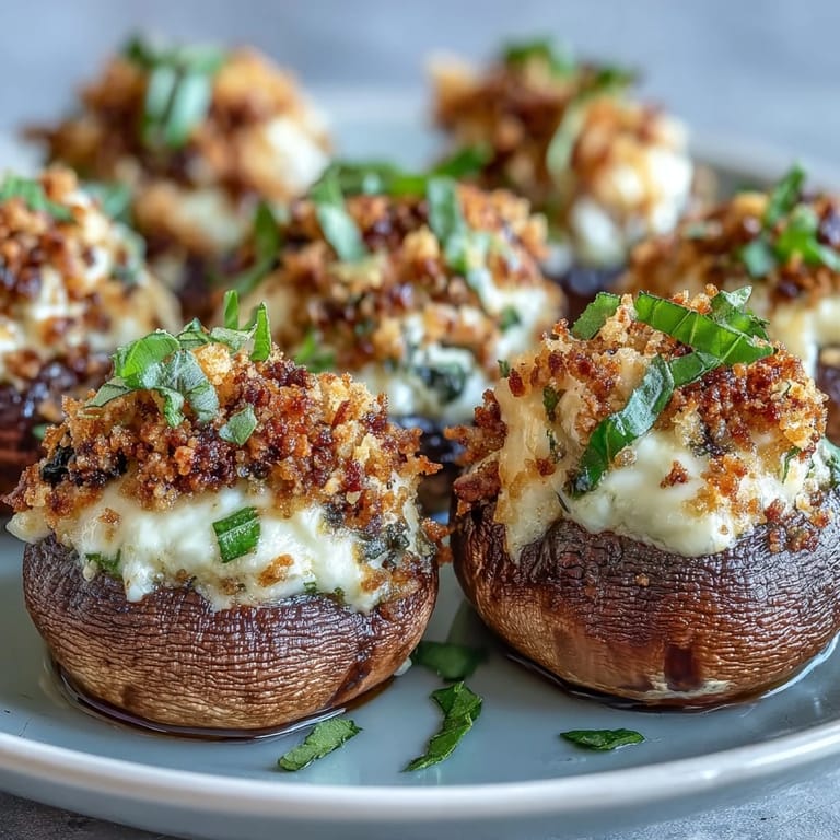 Oven-baked Stuffed Asiago-Basil Mushrooms, ready to serve on a wooden board for appetizers.